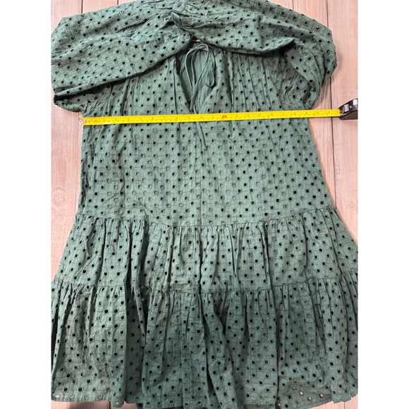 ASOS Green Eyelet Tiered Babydoll Mini Dress Long Sleeve Tie Neck Cotton Size 4 - Picture 9 of 10